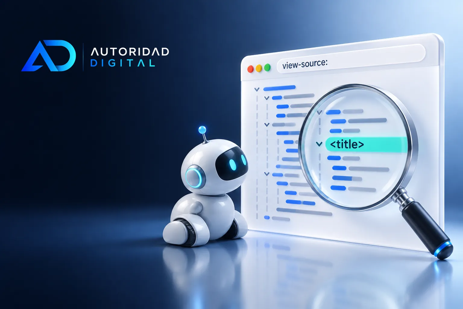 Un pequeño robot blanco observa una ventana de navegador cuya barra de direcciones dice «view-source:»; una lupa de cristal amplía el código HTML y resalta en teal la etiqueta «<title>»; arriba a la izquierda, el logo de Autoridad Digital sobre fondo azul oscuro