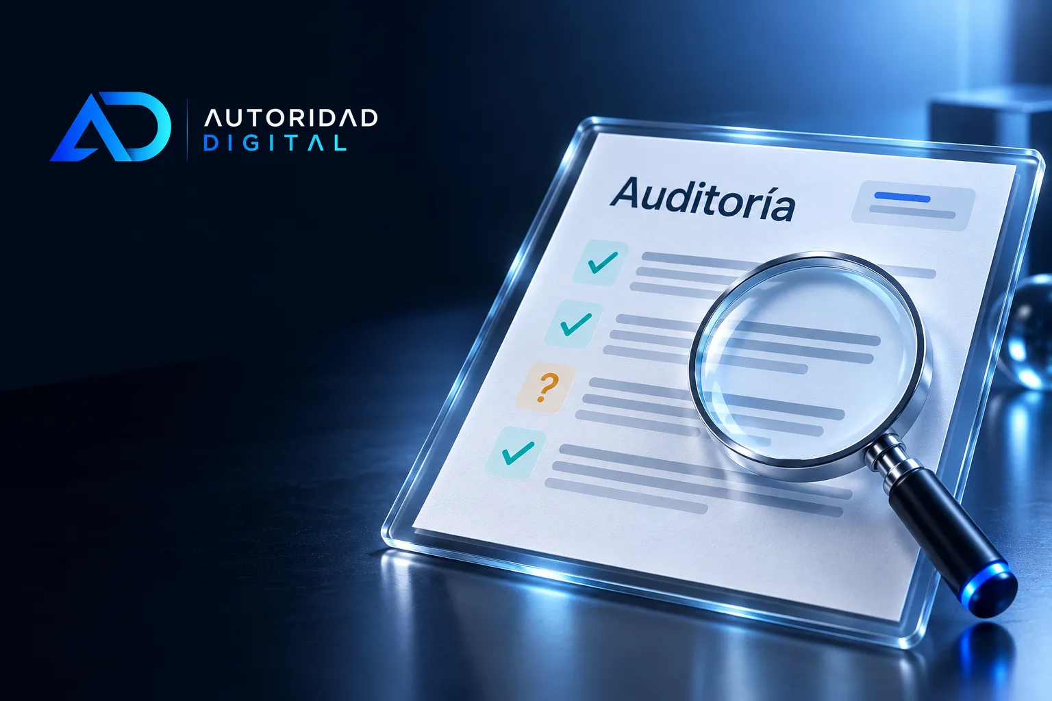 Un informe titulado «Auditoría» sobre una placa de cristal en una mesa oscura, con una lupa encima; junto a los hallazgos hay tres marcas de verificación en teal y un interrogante en ámbar; arriba a la izquierda, el logo de Autoridad Digital sobre fondo azul marino