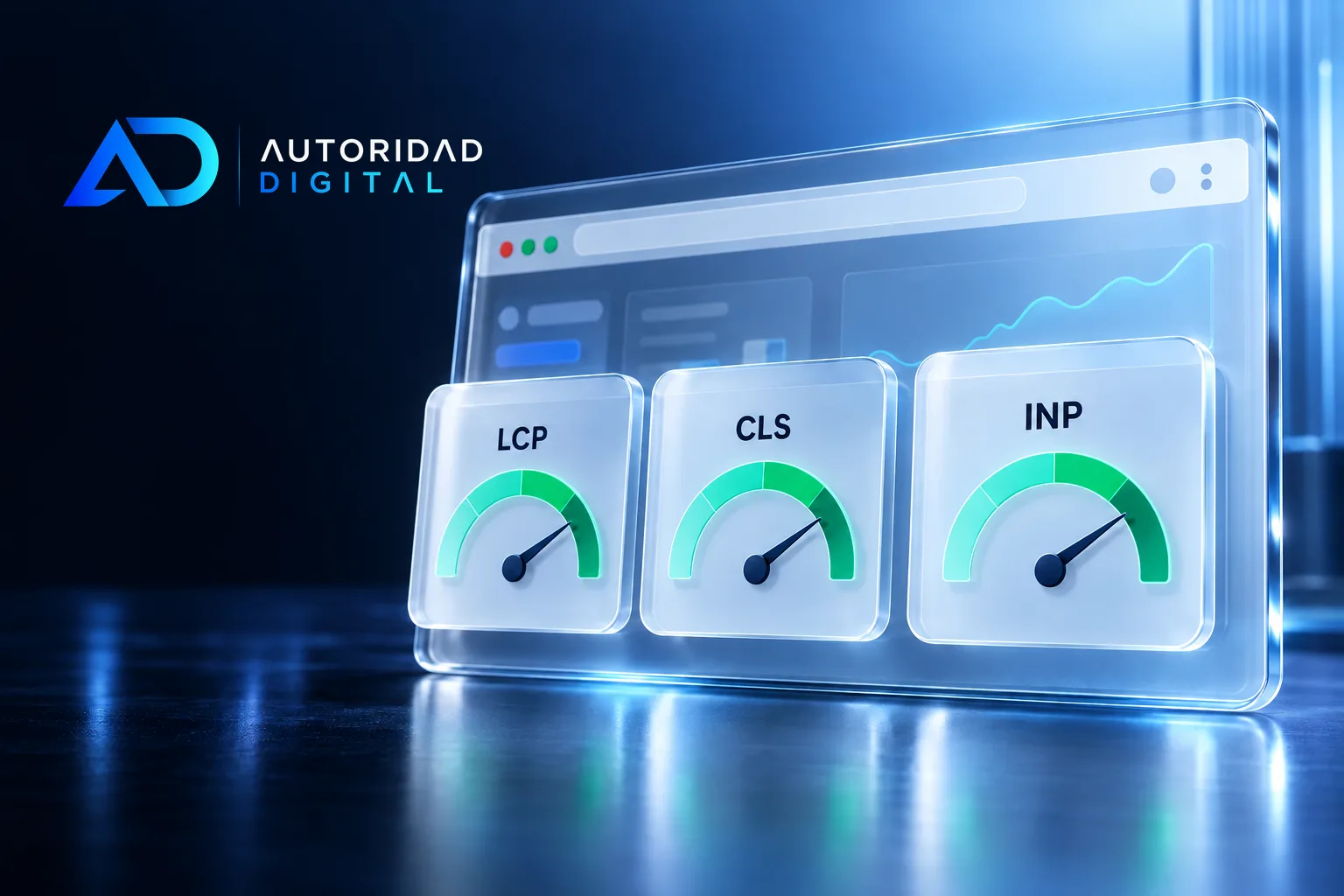 Panel de navegador de cristal en 3D con tres medidores LCP, CLS e INP en verde, con la aguja en la zona buena; arriba a la izquierda, el logo de Autoridad Digital sobre fondo azul marino