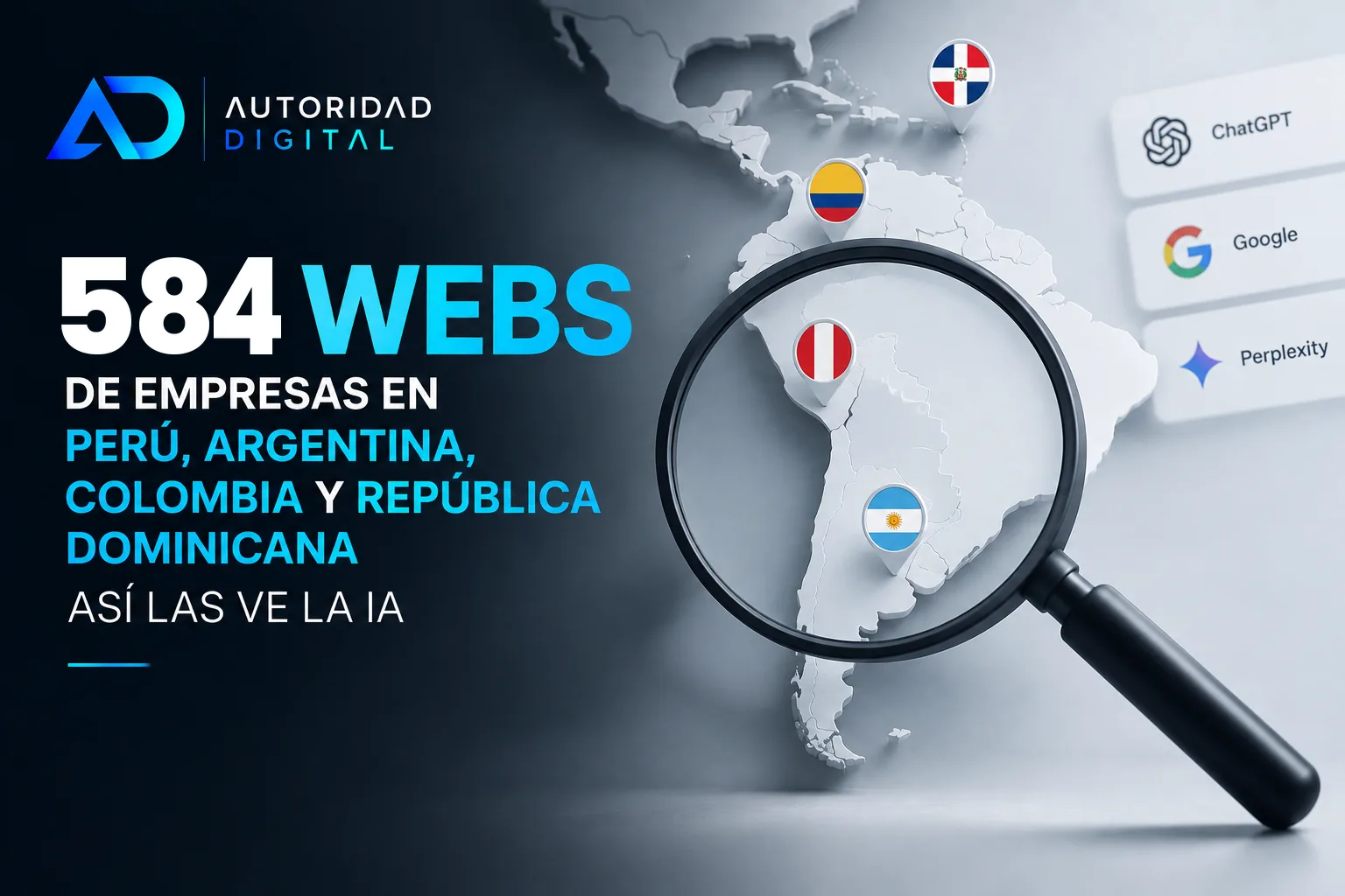 Mapa de América Latina bajo una lupa con chinchetas en República Dominicana, Colombia, Perú y Argentina; a la derecha, tarjetas de ChatGPT, Google y un asistente de IA; a la izquierda, el titular «584 webs de empresas en Perú, Argentina, Colombia y República Dominicana: así las ve la IA»