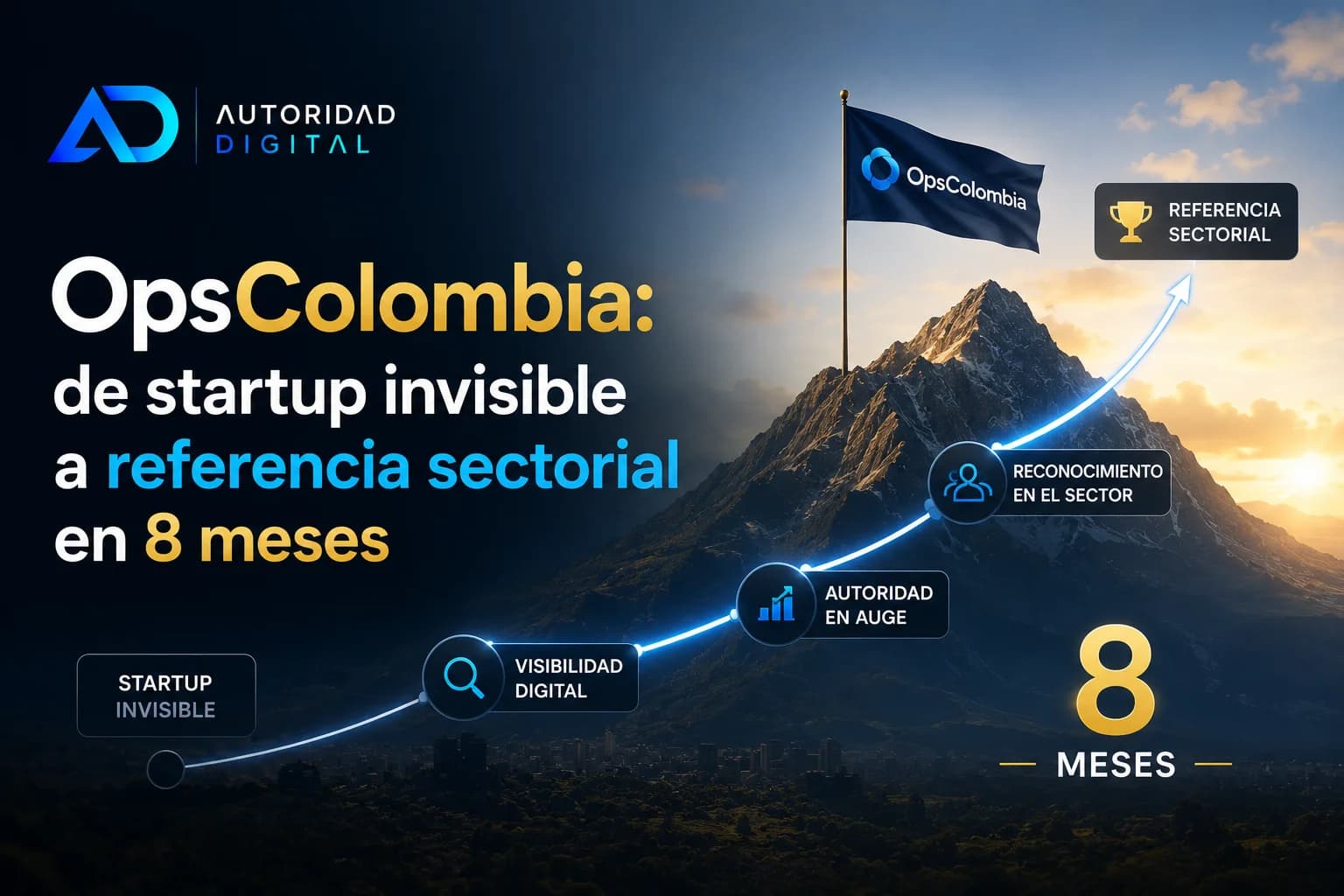 Gráfica ascendente del tráfico orgánico de OPS Colombia entre mayo de 2025 y agosto de 2026, con una caída visible en junio de 2026