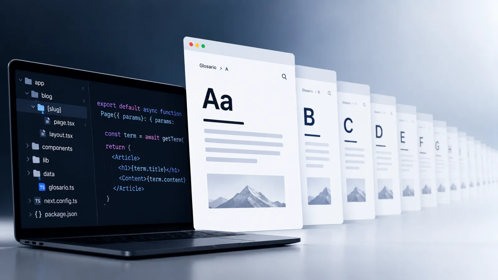 Un portátil con el explorador de archivos de un proyecto Next.js y código de una página dinámica, junto a una fila de páginas de glosario (A, B, C, D…) que se pierde en la distancia, todas con la misma plantilla
